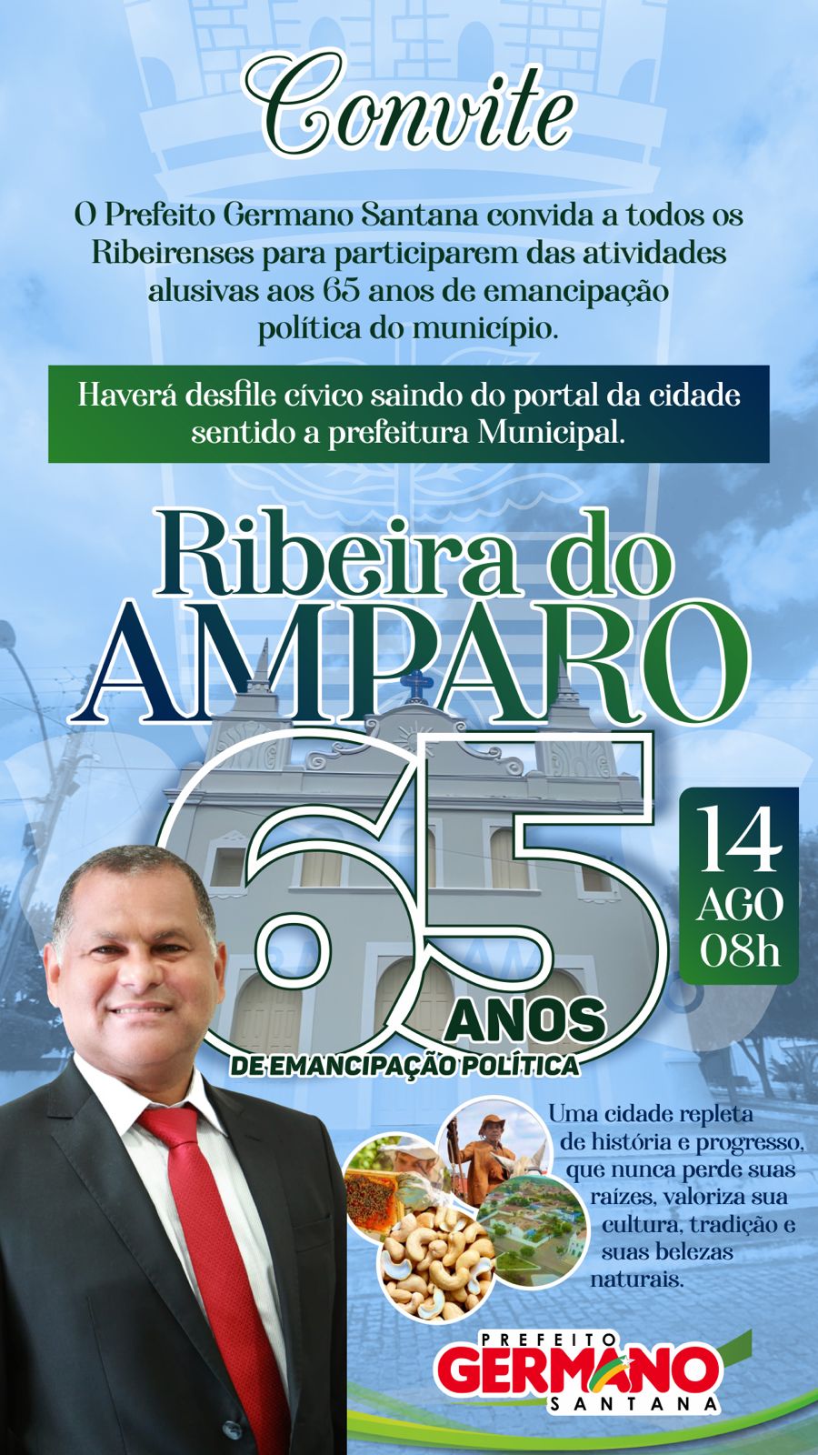 PREFEITO GERMANO SANTANA CONVITE ANIVERSÁRIO DE RIBEIRA DO AMPARO DIA 14 DE AGOSTO DE 2023 (65 ANOS)