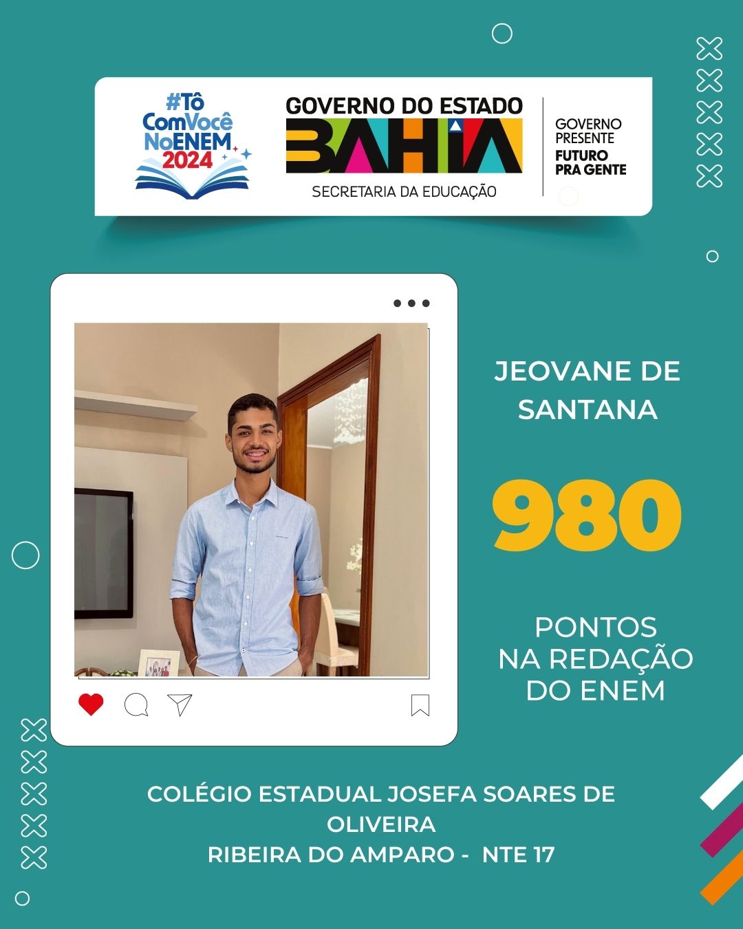 JEOVANE DE SANTANA DESTAQUE NO ENEM 2024, JOVEM DA CIDADE DE RIBEIRA DO AMPARO - BAHIA.